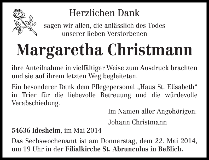  Traueranzeige für Margaretha Christmann vom 17.05.2014 aus trierischer_volksfreund