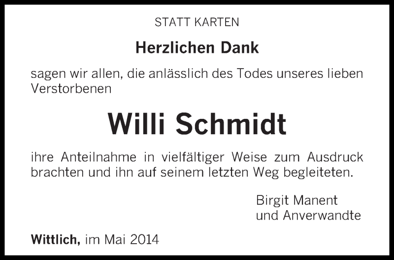  Traueranzeige für Willi Schmidt vom 17.05.2014 aus trierischer_volksfreund
