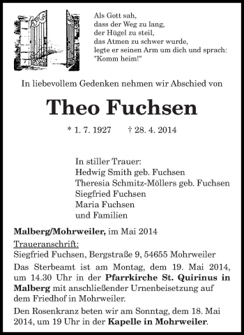 Traueranzeige von Theo Fuchsen von trierischer_volksfreund