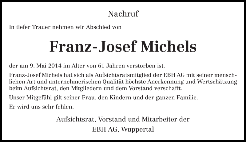  Traueranzeige für Franz-Josef Michels vom 16.05.2014 aus trierischer_volksfreund