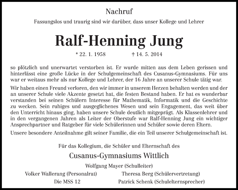  Traueranzeige für Ralf-Henning Jung vom 17.05.2014 aus trierischer_volksfreund