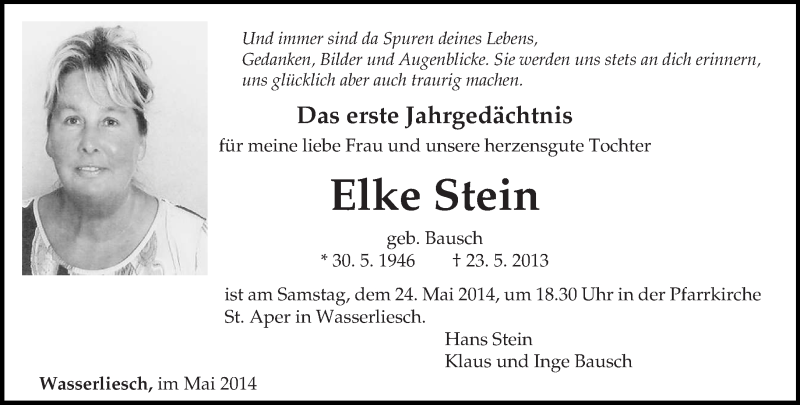  Traueranzeige für Elke Stein vom 21.05.2014 aus trierischer_volksfreund