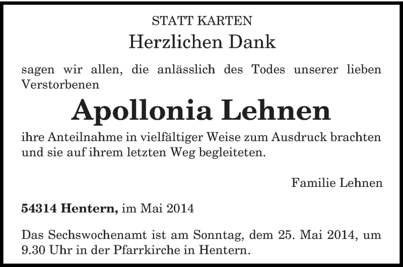  Traueranzeige für Apollonia Lehnen vom 17.05.2014 aus trierischer_volksfreund