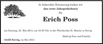 Traueranzeige von Erich Poss von trierischer_volksfreund