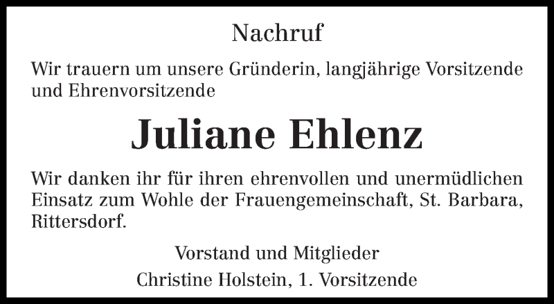  Traueranzeige für Juliane Ehlenz vom 17.05.2014 aus trierischer_volksfreund