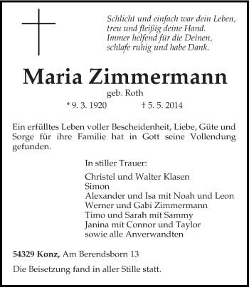 Traueranzeige von Maria Zimmermann von trierischer_volksfreund
