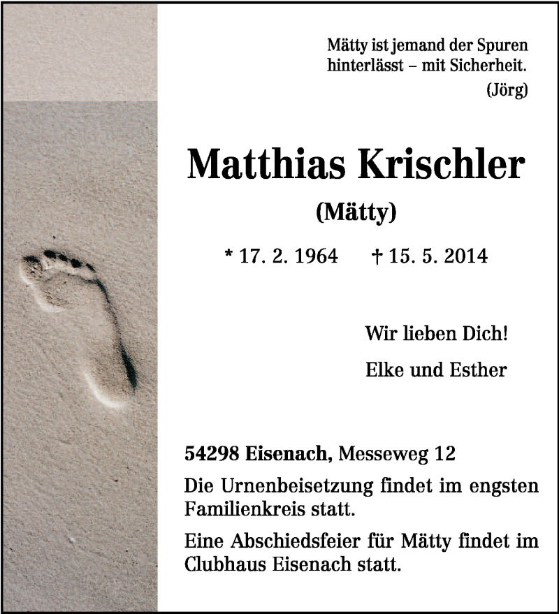  Traueranzeige für Matthias Krischler vom 24.05.2014 aus trierischer_volksfreund