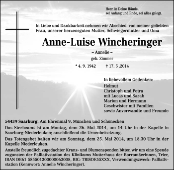 Traueranzeige von Anne-Luise Annelie Wincheringer von trierischer_volksfreund