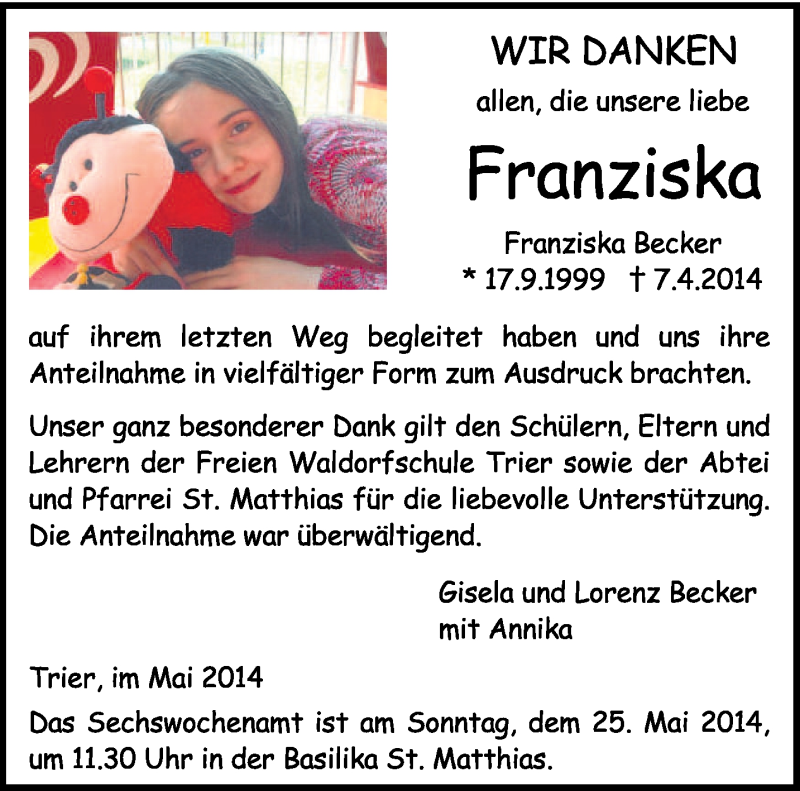  Traueranzeige für Franziska Becker vom 21.05.2014 aus trierischer_volksfreund