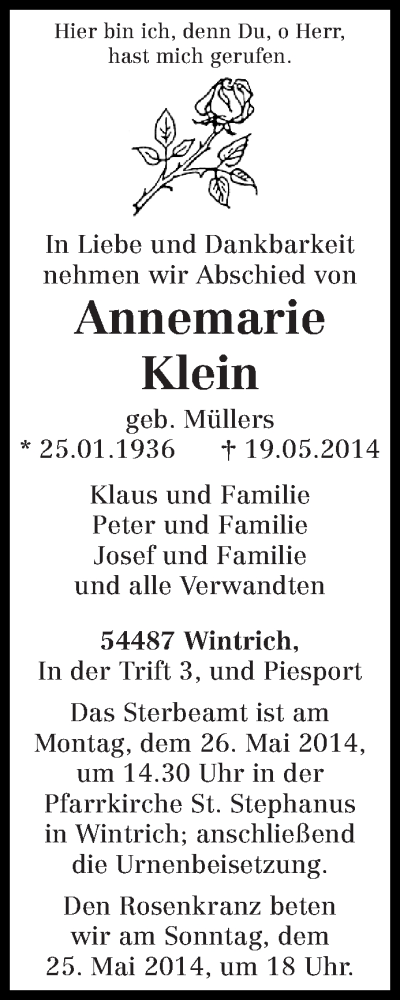  Traueranzeige für Annemarie Klein vom 24.05.2014 aus trierischer_volksfreund
