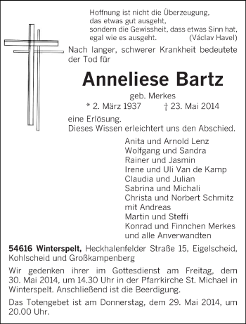 Traueranzeige von Anneliese Bartz von trierischer_volksfreund