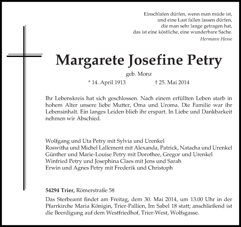  Traueranzeige für Margarete Josefine Petry vom 28.05.2014 aus trierischer_volksfreund