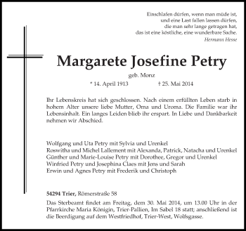 Traueranzeige von Margarete Josefine Petry von trierischer_volksfreund