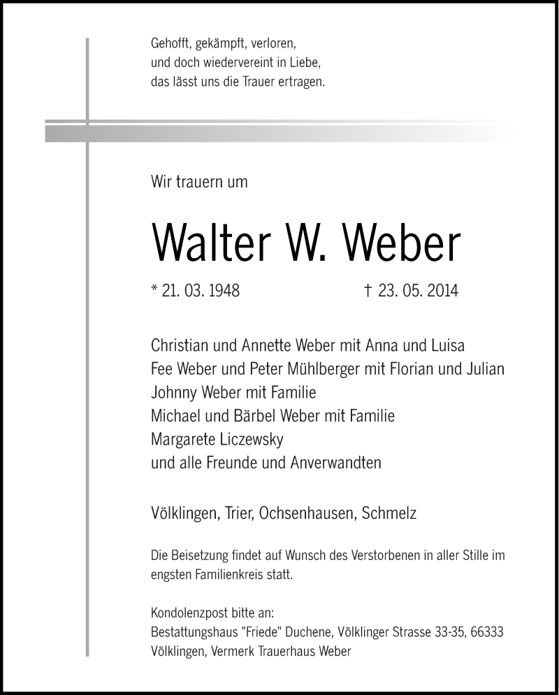  Traueranzeige für Walter W. Weber vom 28.05.2014 aus trierischer_volksfreund