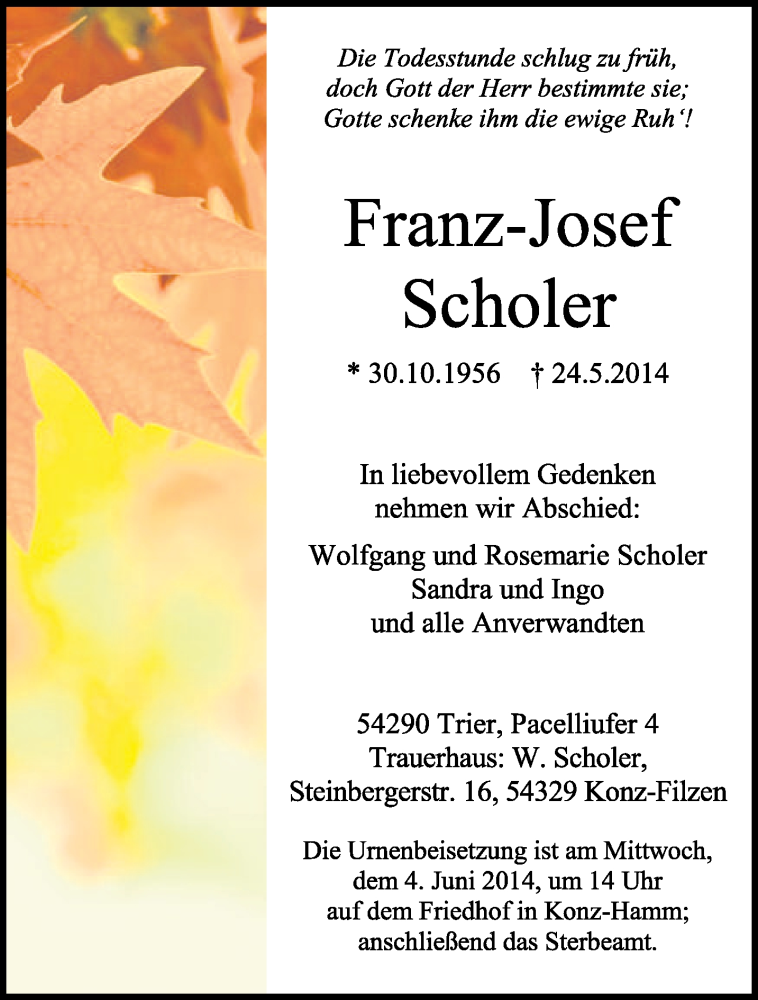 Traueranzeige für Franz-Josef Scholer vom 31.05.2014 aus trierischer_volksfreund