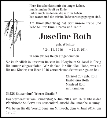 Traueranzeige von Josefine Roth von trierischer_volksfreund