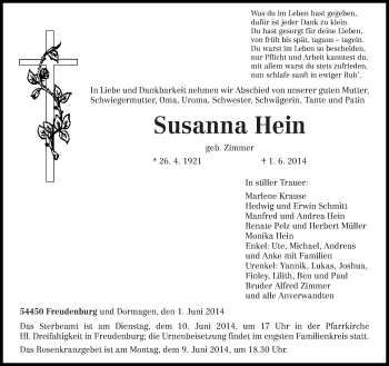 Traueranzeige von Susanna Hein von trierischer_volksfreund