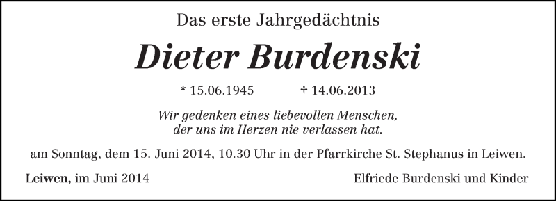 Traueranzeigen von Dieter Burdenski  Volksfreund.Trauer.de