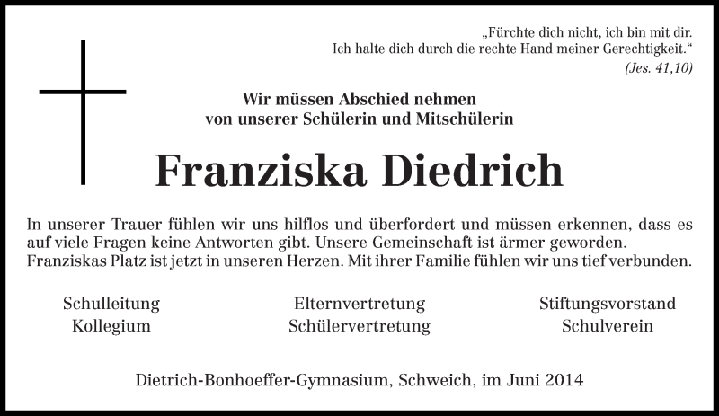  Traueranzeige für Franziska Diedrich vom 06.06.2014 aus trierischer_volksfreund