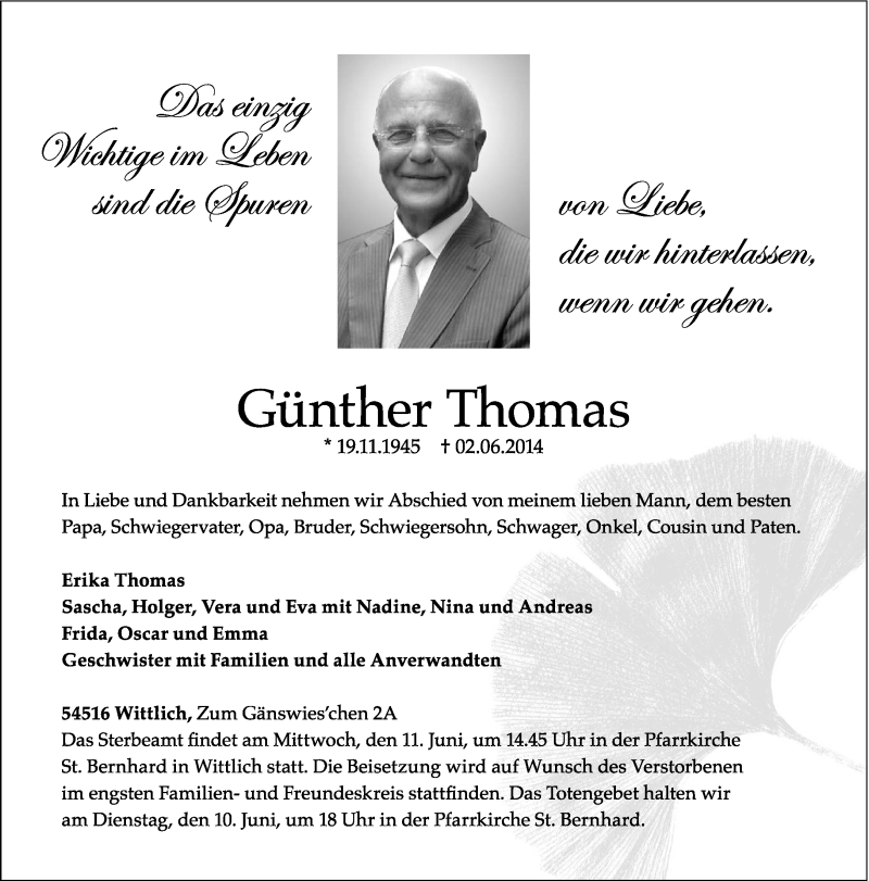  Traueranzeige für Günther Thomas vom 07.06.2014 aus trierischer_volksfreund