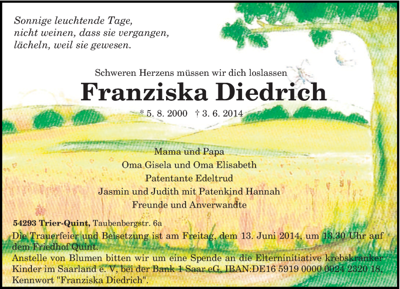  Traueranzeige für Franziska Diedrich vom 06.06.2014 aus trierischer_volksfreund