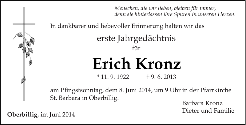  Traueranzeige für Erich Kronz vom 07.06.2014 aus trierischer_volksfreund