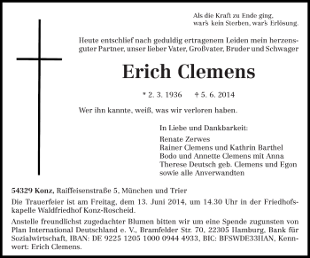 Traueranzeige von Erich Clemens von trierischer_volksfreund