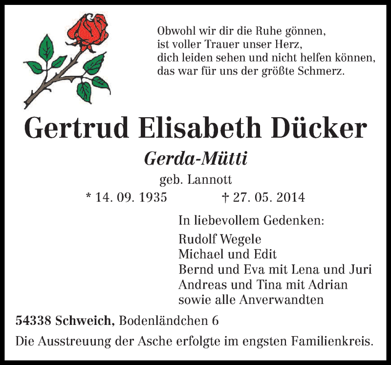  Traueranzeige für Gertrud Elisabeth Dücker vom 14.06.2014 aus trierischer_volksfreund