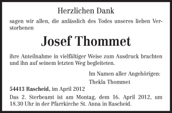 Traueranzeige von Josef Thommet von TRIERISCHER VOLKSFREUND