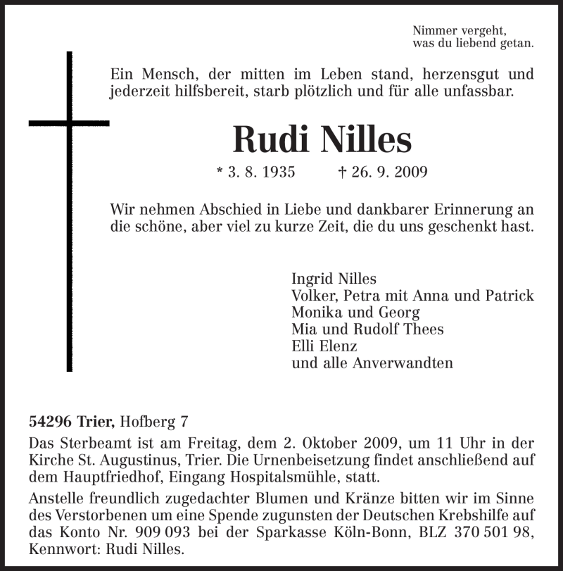 Traueranzeige für Rudi Nilles vom 29.09.2009 aus TRIERISCHER VOLKSFREUND