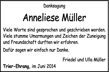 Traueranzeige von Anneliese Müller von trierischer_volksfreund