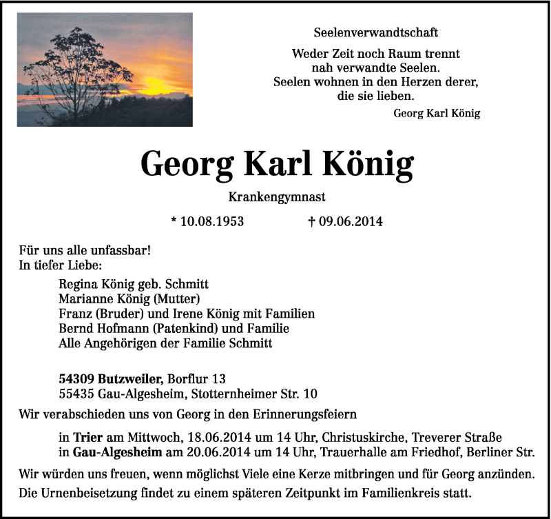  Traueranzeige für Georg Karl König vom 14.06.2014 aus trierischer_volksfreund