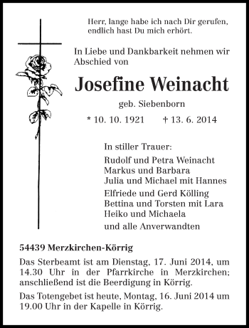 Traueranzeige von Josefine Weinacht von trierischer_volksfreund