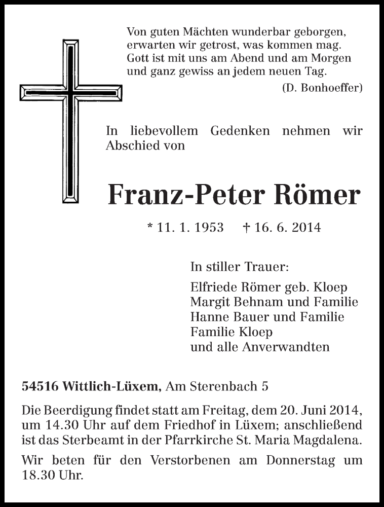  Traueranzeige für Franz-Peter Römer vom 17.06.2014 aus trierischer_volksfreund