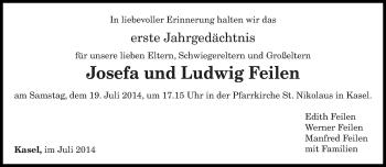 Traueranzeige von Josefa Feilen von trierischer_volksfreund