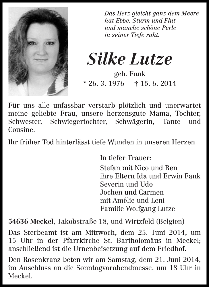  Traueranzeige für Silke Lutze vom 19.06.2014 aus trierischer_volksfreund