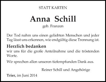 Traueranzeige von Anna Schill von trierischer_volksfreund