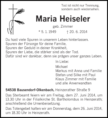 Traueranzeige von Maria Heiseler von trierischer_volksfreund