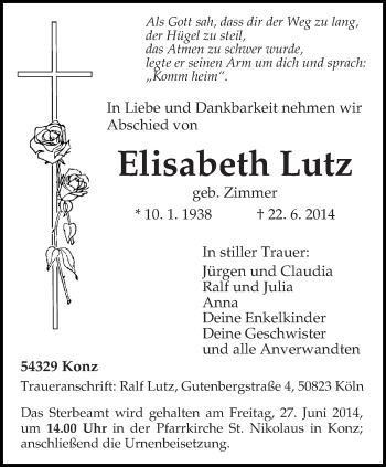 Traueranzeige von Elisabeth Lutz von trierischer_volksfreund
