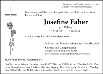 Traueranzeige von Josefine Faber von trierischer_volksfreund