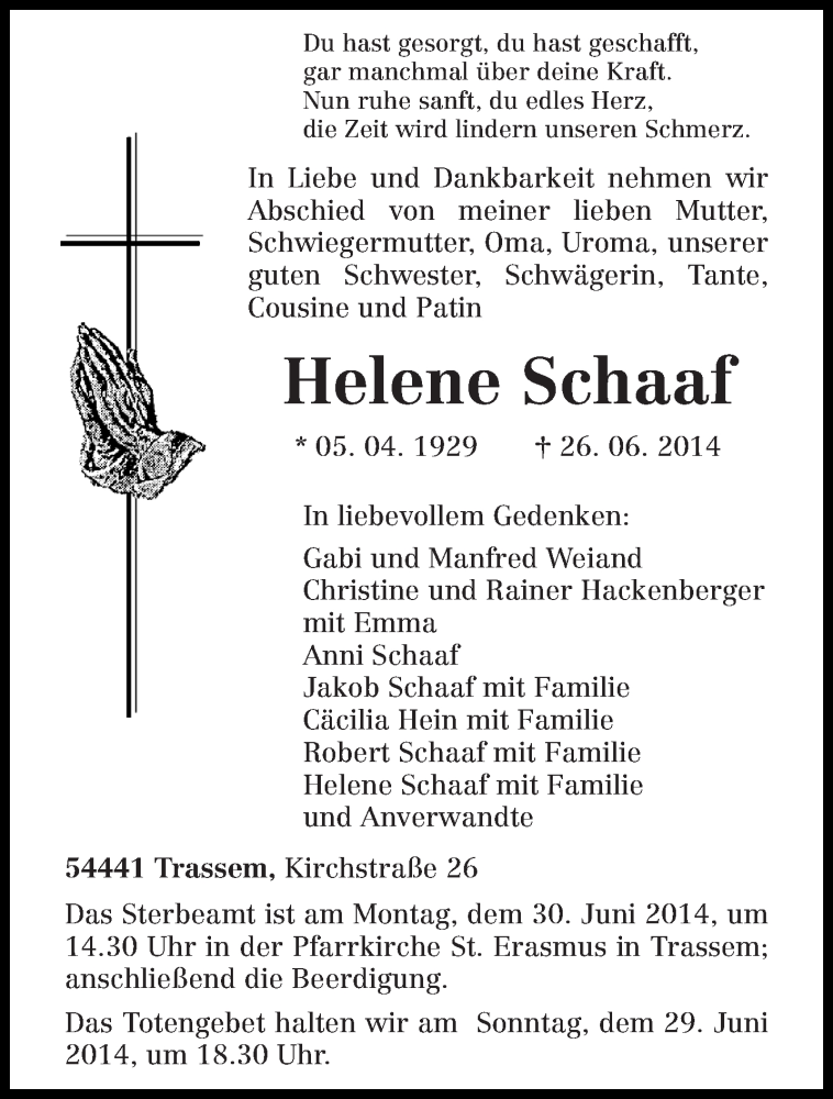  Traueranzeige für Helene Schaaf vom 28.06.2014 aus trierischer_volksfreund
