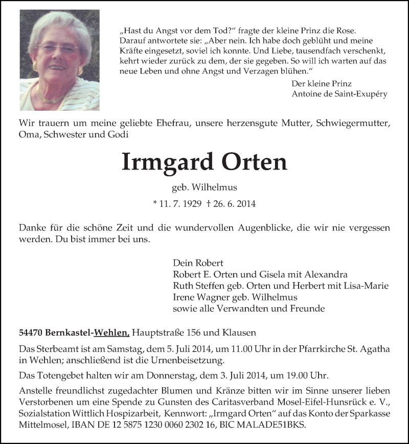  Traueranzeige für Irmgard Orten vom 28.06.2014 aus trierischer_volksfreund
