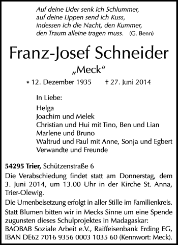 Traueranzeige von Franz-Josef Schneider von trierischer_volksfreund