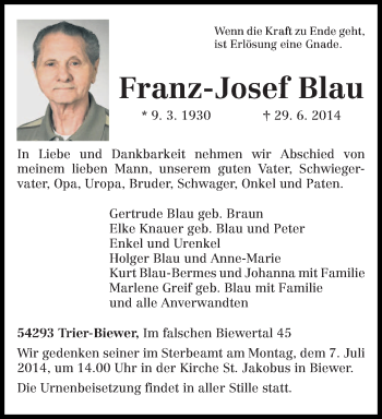 Traueranzeige von Franz-Josef Blau von trierischer_volksfreund