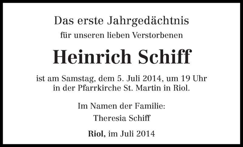  Traueranzeige für Heinrich Schiff vom 02.07.2014 aus trierischer_volksfreund