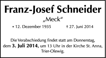 Traueranzeige von Franz-Josef Schneider von trierischer_volksfreund