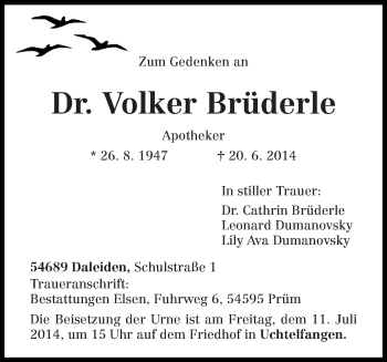 Traueranzeige von Volker Brüderle von trierischer_volksfreund