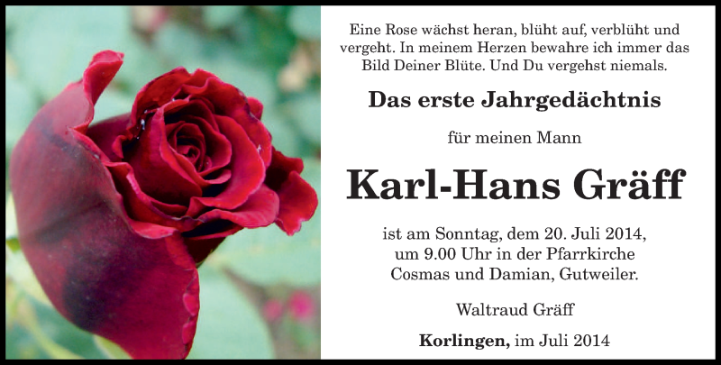  Traueranzeige für Karl-Hans Gräff vom 16.07.2014 aus trierischer_volksfreund