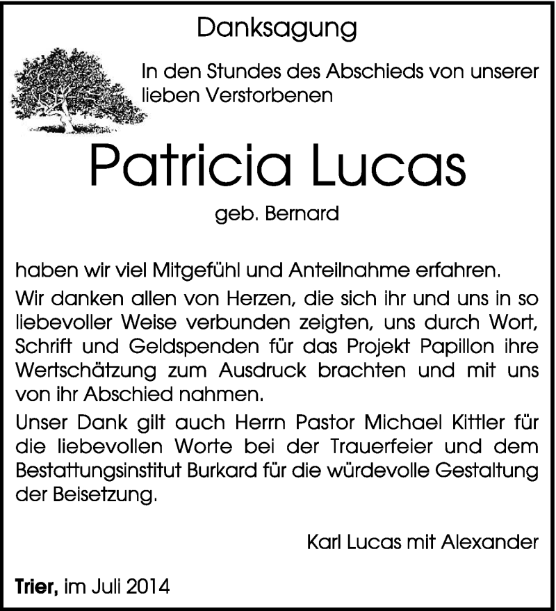 Traueranzeige für Patricia Lucas vom 04.07.2014 aus trierischer_volksfreund