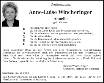 Traueranzeige von Anne-Luise Wincheringer von trierischer_volksfreund